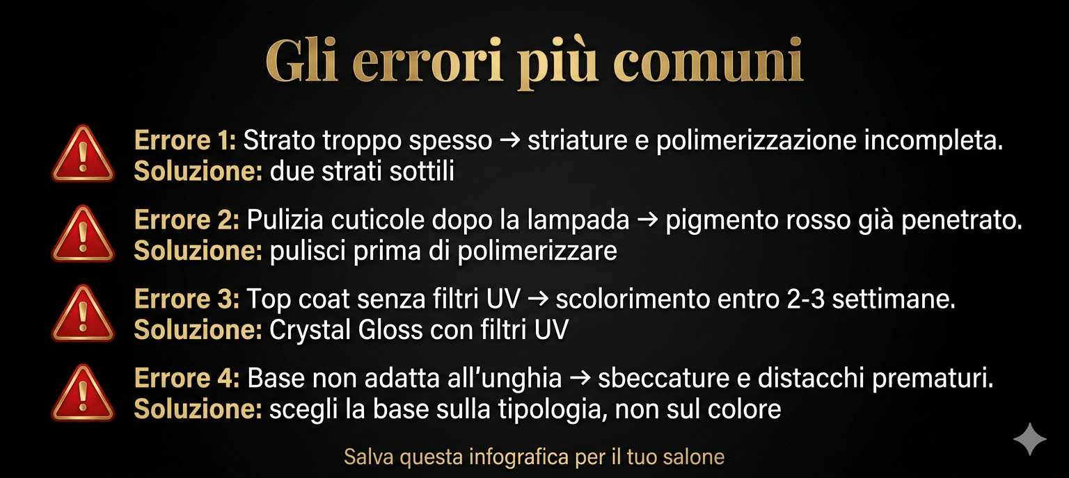 infografica errori comuni nella stesura del gel rosso, guida tecnica per onicotecniche professioniste